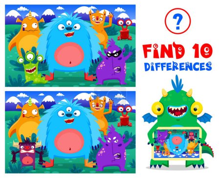 Illustration for Cartoon monster characters, find ten differences. Kids vector board game worksheet with cute funny mutant personages. Educational children riddle for leisure activity, brainteaser puzzle, quiz test - Royalty Free Image