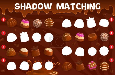 Illustration for Shadow matching game. Chocolate praline and fudge, souffle and coconut, truffle and jelly, hazelnut candy or bonbon. Shadow match, silhouette find vector quiz vector worksheet with chocolate sweets - Royalty Free Image