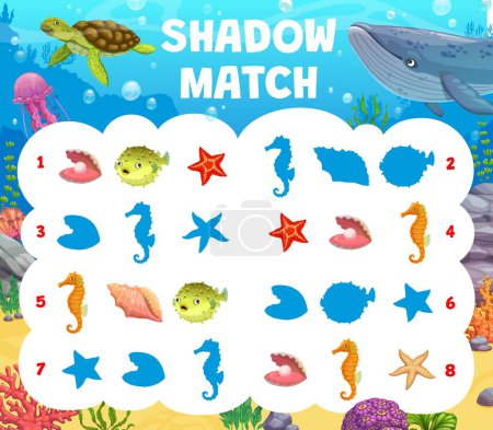 Illustration for Shadow match game cartoon underwater landscape and animals. Kids worksheet with sea horse, puffer fish and starfish or shell silhouettes on ocean bottom. Children logic activity, preschool education - Royalty Free Image