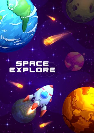 Illustration for Cartoon galaxy space poster with starry landscape. Space exploration and galaxy travel vertical banner or background with solar system planets, comet or asteroids, starship flying in outerspace - Royalty Free Image
