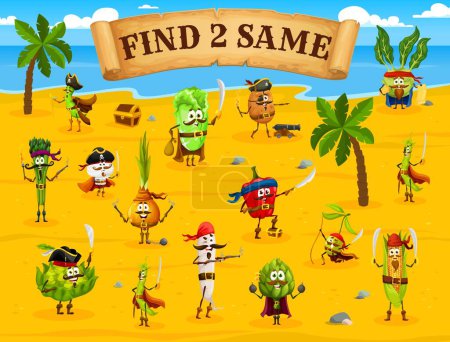 Illustration for Find two same cartoon vegetable pirates and corsairs characters. Kids matching quiz, vector puzzle game with bean, mushroom, cabbage and onion, radish, pepper and olive, corn funny corsair personages - Royalty Free Image