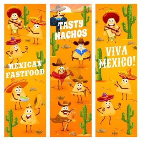 Ilustración de Chips de nachos mexicanos, vaqueros, ladrones y personajes del sheriff, banderas vectoriales. Viva México, fiesta con nacho chips mexicanos de comida rápida en sombrero con maracas o bandidos con sombrero y revólver - Imagen libre de derechos