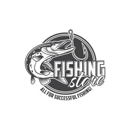 Illustration for Fishing store icon with pike and hook, fisher tackles shop vector emblem. Fisherman equipment, fish catch baits or lure and bobber floats store badge with river pike and rod hook - Royalty Free Image