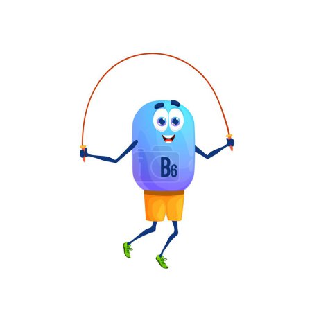 Illustration for Cartoon vitamin B6 character jumping with rope. Isolated vector Adermin supplement personage healthy lifestyle, fitness, sports recreation and wellness activity - Royalty Free Image