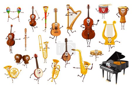 Ilustración de Personajes y personajes de instrumentos musicales de dibujos animados. Vector maracas, violín, guitarra y vuvuzela, arpa, contrabajo o piano de cola. Castañuelas, pandereta, saxofón y banjo con trompeta o flauta - Imagen libre de derechos