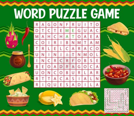 Illustration for Mexican cuisine food. Word search puzzle game worksheet, vector quiz with pitaya fruit, chili pepper and mate tea, burrito, nachos chips and sauce, starfruit, taco, bean stew and corn, quesadilla - Royalty Free Image
