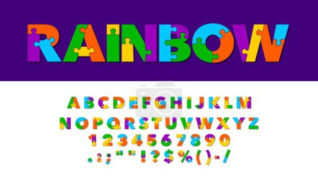 Illustration for Puzzle font type, jigsaw typeface or creative alphabet letters, vector typography. Rainbow color puzzle font for school or toy game jigsaw ABC typescript with numbers and letters in colorful mosaic - Royalty Free Image