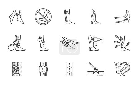 Illustration for Varicose treatment icons, leg veins thrombosis disease and surgery vector symbols. Varicose or legs vascular varices circulation insufficiency, medical treatment and prophylactic therapy line icons - Royalty Free Image