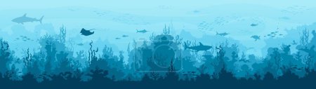 Illustration for Underwater landscape. Seaweed and reef, fish shoal, whale and manta, turtle or marlin silhouettes in n ocean. Vector background with sea vegetation and animals. Water life, Aquatic marine biodiversity - Royalty Free Image