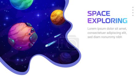 Illustration for Space landing page, galaxy exploring paper cut space landscape. Cartoon vector web banner in 3d paper cut with planets, stars and asteroids. Universe and galaxy travel game, astronomy science - Royalty Free Image
