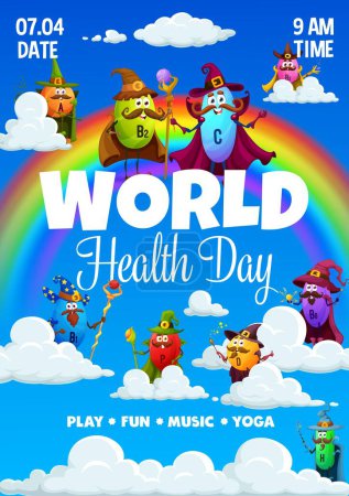 Illustration for World health day flyer. Cartoon vitamin wizard and mage characters on clouds. Vector invitation poster template with funny nutrient capsules wear magician costumes and wands on heaven with rainbow - Royalty Free Image