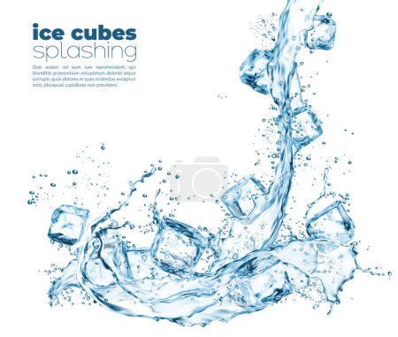 Blue water wave cascade splash and ice crystal cubes. Vector 3d design with realistic liquid wave, transparent falling iced blocks and melting droplets. Fresh drink and frozen icy pieces graphics