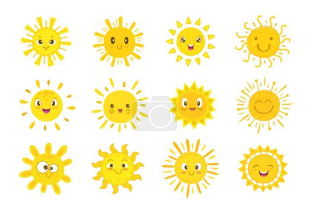 Ilustración de Los personajes del sol, la cara feliz y la sonrisa de dibujos animados, los iconos vectoriales del sol de verano. Lindos personajes de sol, emoji soleado o dibujos animados divertidos niños emoticonos con expresiones, sol brillan - Imagen libre de derechos