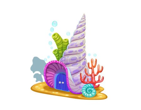 Téléchargez les illustrations : Caricature sous-marine bâtiment coquillage de mer. Fée maison paysage marin ou scène, fantaisie créature habitation, récif corallien refuge animal et aquarium vecteur drôle maison avec coquille de mollusque sur le fond de la mer - en licence libre de droit