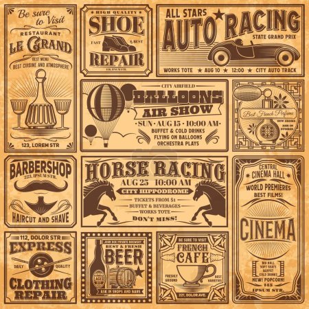 Illustration for Vintage newspaper banners, old advertising. Barbershop, cinema, air balloon show, restaurant, car racing, beer pub or bar, shoe and clothing repair retro banners, newspaper or old magazine paper page - Royalty Free Image