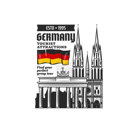 Illustration for Germany travel landmarks icon, Berlin city sightseeing tours and tourism agency vector symbol. Welcome to Berlin sign with Brandenburg Gate and Kaiser Wilhelm Memorial Church, German history, culture - Royalty Free Image
