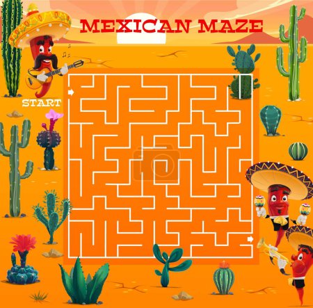 Téléchargez les illustrations : Labyrinthe labyrinthe et poivrons mexicains mariachi musicien dans le désert. Enfants énigme logique, quiz éducatif pour enfants ou jeu de puzzle pour enfants avec tâche de recherche, plante de cactus mexicain et poivrons drôles - en licence libre de droit