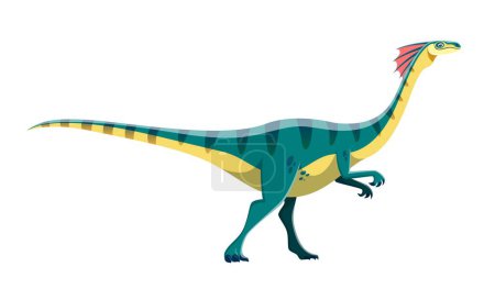Ilustración de Personaje de dinosaurio Gallimimus de dibujos animados. Antiguo reptil de vida silvestre, monstruo prehistórico aislado o animal. Dinosaurio de la era mesozoica con volante en el cuello, lagarto carnívoro extinto vector lindo personaje - Imagen libre de derechos