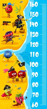 Illustration for Kids height chart. Cartoon berry pirates and corsairs on treasure island. Kids growth measure vector ruler with rosehip, raspberry and blueberry, elderberry, blackberry and cherry twins - Royalty Free Image