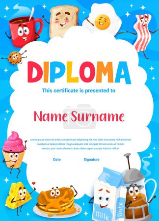 Illustration for Kids diploma. Cartoon breakfast food characters. Child winner award, kindergarten child graduation certificate or diploma with coffee mug, egg and bacon, cupcake, pancake, milk box cheerful personages - Royalty Free Image