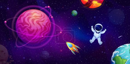 Cartoon-Astronaut im Weltraum in Sternengalaxie. Vektor-Illustration mit lustigem Kosmonautenkind schwebt in Schwerelosigkeit auf außerirdischem Planeten-Orbit mit Raumschiff-Rakete, Asteroiden und leuchtenden Sternen