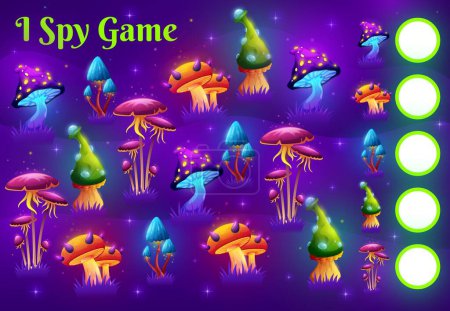 Illustration for I spy game worksheet magic mushroom on fairy meadow. Child counting riddle, kids educational quiz with objects searching and counting task or children vector math game with fantasy, glowing mushrooms - Royalty Free Image