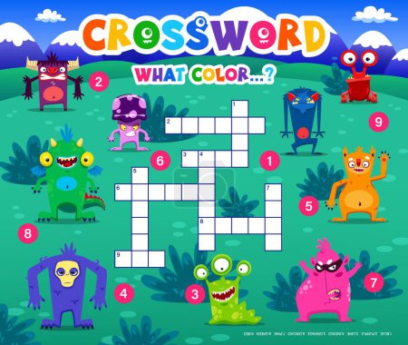 Illustration for Crossword quiz game, cartoon monster characters. Vector worksheet, kids test grid, cross word brainteaser for children with funny aliens mutants and empty letter boxes. Educational baby puzzle task - Royalty Free Image