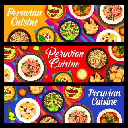 Illustration for Peruvian cuisine meals vector banners of meat vegetable stew, fish ceviche and quinoa salad. Beef lomo saltado and seafood cebiche with flatbread and dulce de leche sandwich cookie alfajor - Royalty Free Image