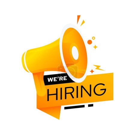 Ilustración de We are hiring, job offer, recruit, join our team vector icon. Hr recruiting advertisement, Vacant place alert campaign with megaphone. Work opportunity and human resources research corporate message - Imagen libre de derechos
