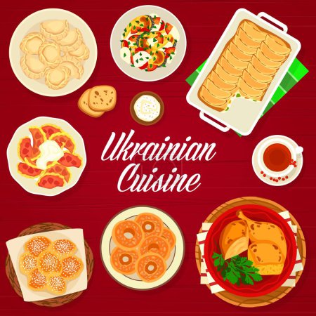 Téléchargez les illustrations : Ukrainian cuisine menu cover of vector meat food, vegetable fish casserole and pastry desserts. Sweet dumplings, donuts, bagels, baked chicken with noodle pudding, cheesecake with fruits and rowan tea - en licence libre de droit