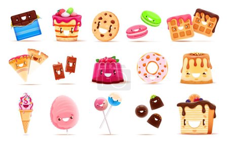 Illustration for Cartoon funny sweets, desserts and bakery characters. Isolated vector kawaii chocolate bar, cake, pie, ice cream and donut. Cotton candy, lollipop, pudding, cookie or wafer and macaroon personages - Royalty Free Image