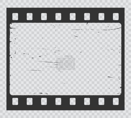 Illustration for Grunge movie film strip, isolated filmstrip frame on vector transparent background. Old photo or vintage picture film, cinema movie film strip slide with scratched borders, retro 35 mm photography - Royalty Free Image