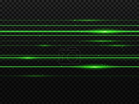 Illustration for Laser green light beam lines, glow neon flashes and rays, vector effect background. Green laser shines and sparkle flares, isolated light beam lines of space galaxy stars and futuristic energy flash - Royalty Free Image