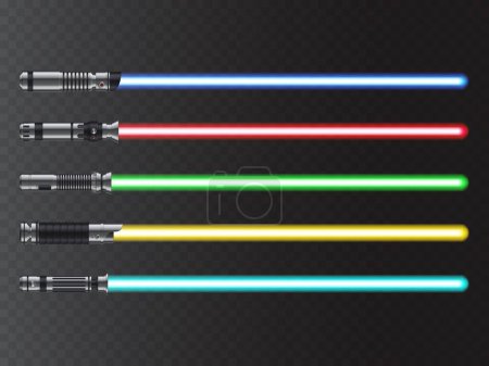Téléchargez les illustrations : Light swords. Glow sabers set. Futuristic and Sci Fi weapon, future knight or warrior isolated laser sword, 3d realistic vector fantasy lightsaber with glowing blue, red, green and yellow light blades - en licence libre de droit