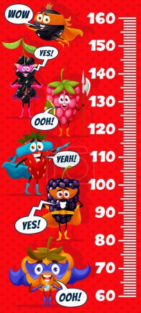 Téléchargez les illustrations : Kids height chart ruler cartoon superhero berry characters growth meter. Vector wall sticker scale for children with funny black currant, birds cherry, raspberry, blackberry, strawberry and cloudberry - en licence libre de droit