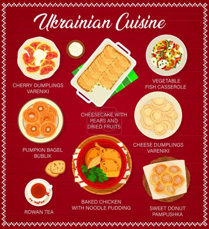 Téléchargez les illustrations : Ukrainian cuisine vector menu with vegetable, meat and fish food. Traditional meal dishes of cheese and cherry dumplings, baked chicken with noodle pudding, sweet donut, pumpkin bagel and cheesecake - en licence libre de droit