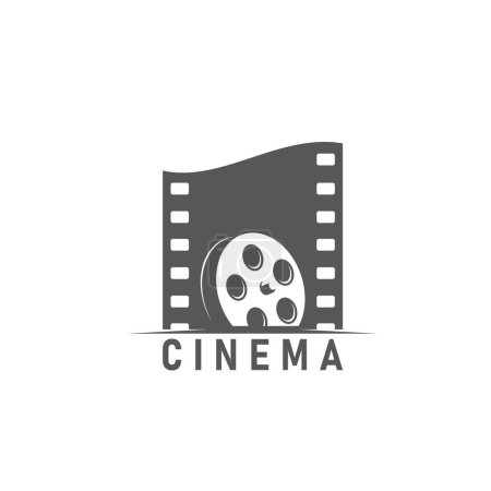 Illustration for Cinema icon, vector reel bobbin and film retro emblem for movie festival. isolated vintage cinematography studio video shooting equipment. Entertainment industry monochrome label in old style - Royalty Free Image
