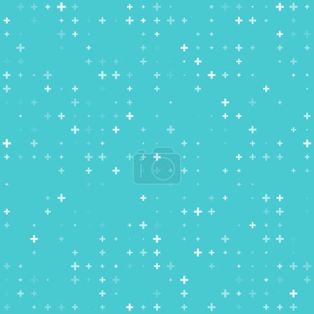 Illustration for Plus hospital pattern, vector background evenly spaced white cross symbols of different sizes and opacity on blue backdrop. Medical abstract ornament, wallpaper or template for website - Royalty Free Image
