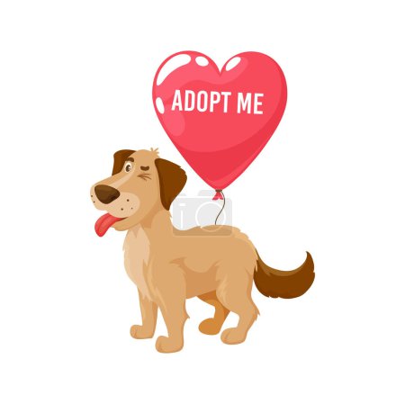 Téléchargez les illustrations : Adopt me, dog pet puppy with balloon heart, animals shelter and adoption center vector icon. Cute funny dog puppy dog with Adopt Me heart balloon for abandoned and homeless dogs adoption house - en licence libre de droit