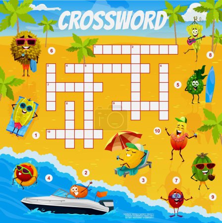 Illustration for Cartoon fruits characters on summer beach, crossword quiz game, vector grid. Crossword worksheet to guess word of tropical durian on sea surfboard, feijoa and melon swimming and mandarin on jet ski - Royalty Free Image