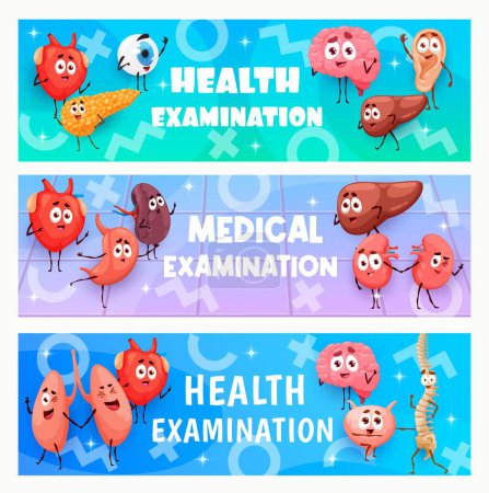 Téléchargez les illustrations : Health medical examination with cartoon organ characters vector kids doctor or pediatrician clinic banners. Child healthcare and medicine with funny brain, heart and kidney, pediatric examination - en licence libre de droit