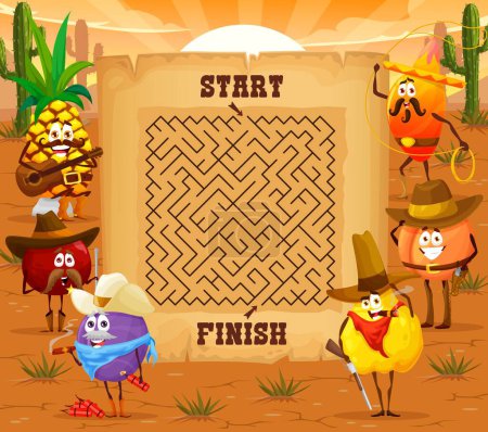 Illustration for Labyrinth maze game, cartoon fruit western cowboy, ranger, sheriff and robber characters, vector quiz. Pineapple ranger, papaya cowboy and orange sheriff on kids labyrinth maze or find way game - Royalty Free Image