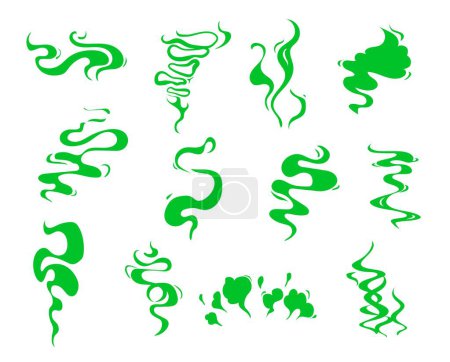 Téléchargez les illustrations : Green bad smell clouds, stink smoke odor or toxic gas and fart, vector cartoon effects. Green stench steams of bad breath or toxic scent vapor, stinky aroma smell clouds and smelly odour fume clouds - en licence libre de droit