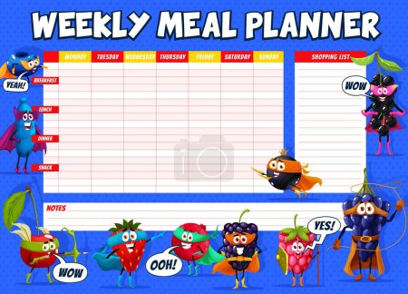 Illustration for Weekly meal planner, cartoon superhero berry characters. Vector food timetable in retro comic style with blueberry, honeyberry, bird cherry and strawberry, cranberry, blackberry, raspberry personages - Royalty Free Image