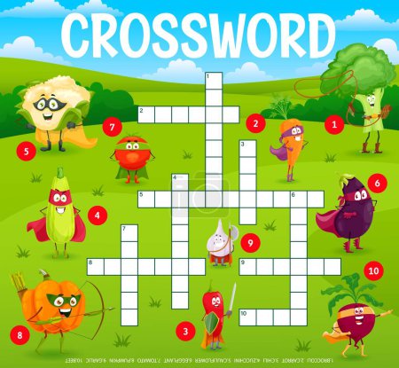 Illustration for Crossword grid, cartoon vegetable superhero characters, vector quiz game for kids. Cauliflower and tomato guardians, pumpkin and carrot with eggplant superheroes to guess word on worksheet - Royalty Free Image