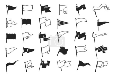 Téléchargez les illustrations : Retro pennant white and black flags, banner pendants on flagpoles, vector icons. Sport camp or university and varsity club pennants, blank waving flag on poles, linear outline signs - en licence libre de droit