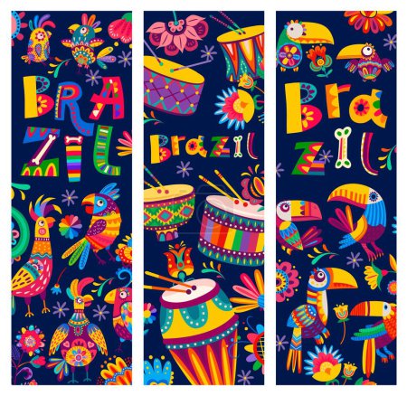 Téléchargez les illustrations : Cartoon brazilian toucans and parrots. Colorful jungle animals, funny and ornate exotic birds, drums musical instruments and plant flowers and leaves Brazil ornaments on vector background banner - en licence libre de droit