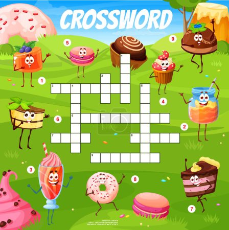 Téléchargez les illustrations : Crossword quiz game grid, cartoon sweets, desserts and cake characters on green meadow, vector worksheet. Donut, cupcake and cheesecake with macaroon or pudding and cake to guess word on crossword - en licence libre de droit