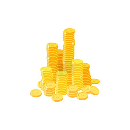 Téléchargez les illustrations : Cartoon golden coins stack, money, isolated vector gold shiners cash. Business wealth, profit or finance success. Currency, dollars, income or savings, casino gambling game jackpot win - en licence libre de droit