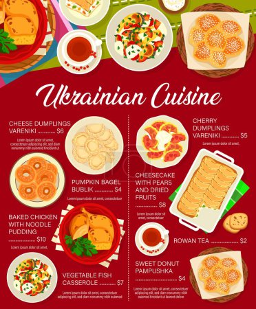 Téléchargez les illustrations : Ukrainian cuisine menu with vector dishes of vegetable dumplings, traditional fish and meat food, cheesecake dessert and donut. Cheese and cherry vareniki, baked chicken with noodle pudding, casserole - en licence libre de droit